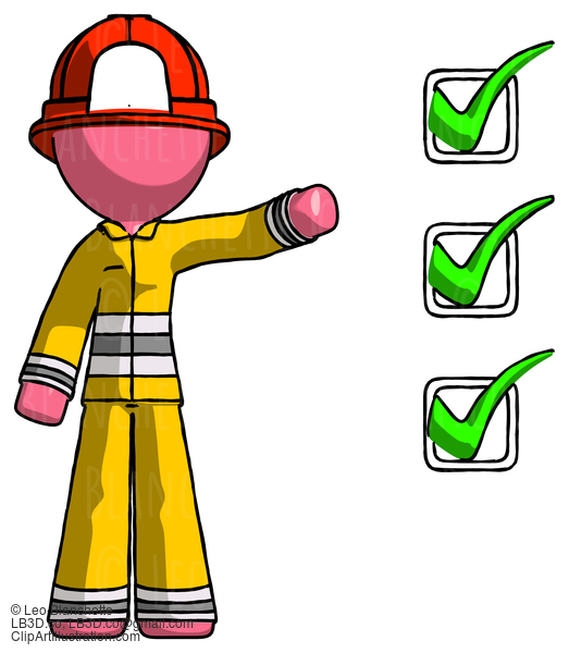 Pink Firefighter Fireman Man Standing By List Of Checkmarks #12771