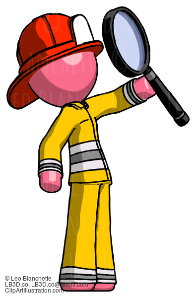 Pink Firefighter Fireman Man Inspecting With Large Magnifying Glass Facing Up #12772