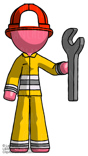 Pink Firefighter Fireman Man Holding Wrench Ready To Repair Or Work #12773