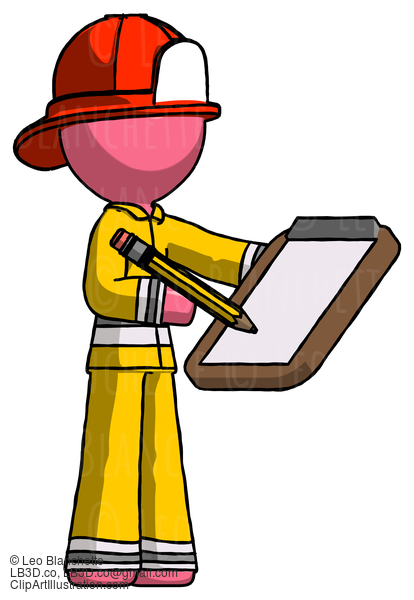 Pink Firefighter Fireman Man Using Clipboard And Pencil #12774