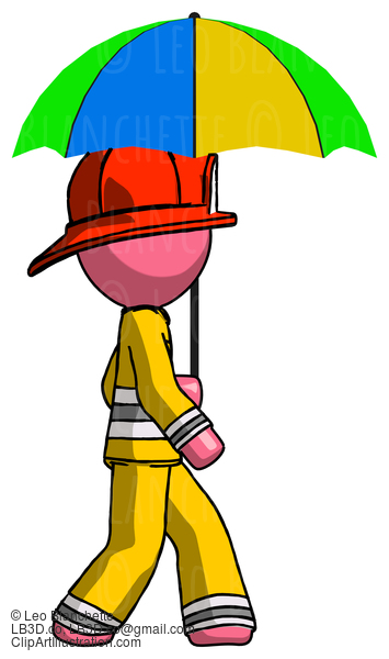 Pink Firefighter Fireman Man Walking With Colored Umbrella #12776