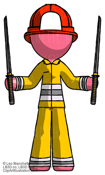 Pink Firefighter Fireman Man Posing With Two Ninja Sword Katanas Up #12777