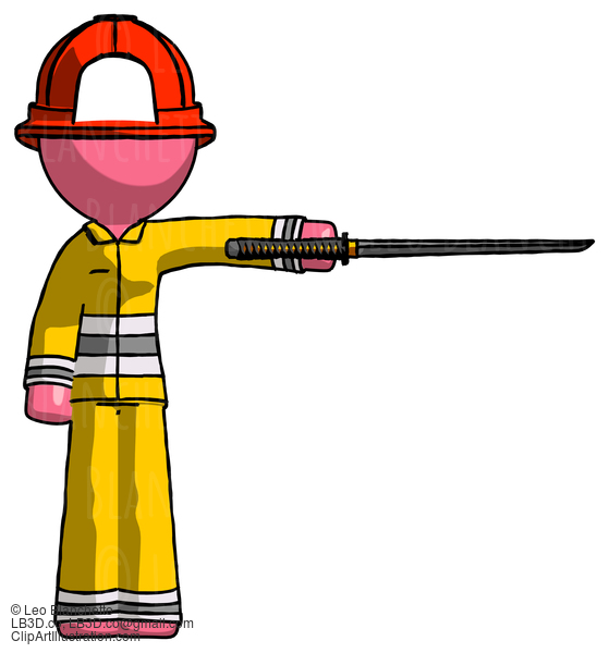 Pink Firefighter Fireman Man Standing With Ninja Sword Katana Pointing Right #12779