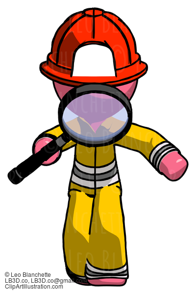 Pink Firefighter Fireman Man Looking Down Through Magnifying Glass #12781