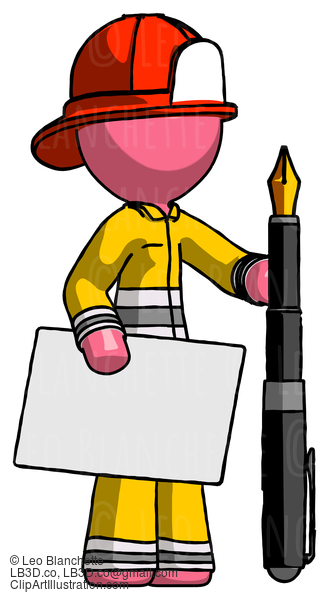 Pink Firefighter Fireman Man Holding Large Envelope And Calligraphy Pen #12782