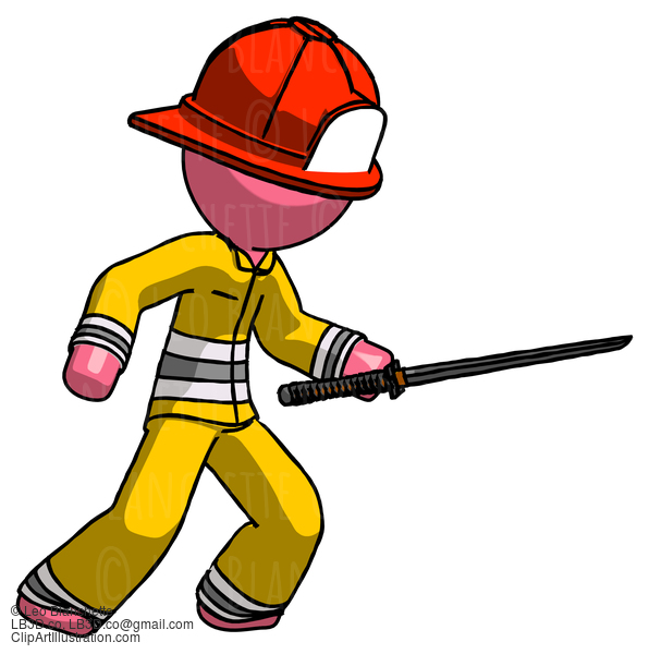 Pink Firefighter Fireman Man Stabbing With Ninja Sword Katana #12790