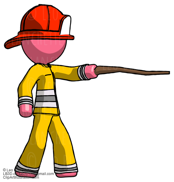 Pink Firefighter Fireman Man Pointing With Hiking Stick #12791