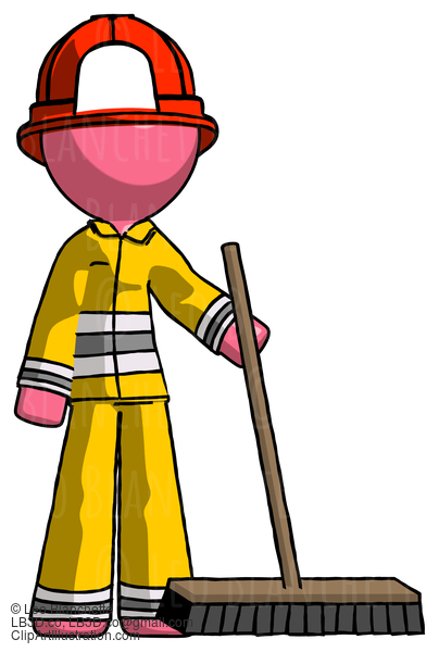 Pink Firefighter Fireman Man Standing With Industrial Broom #12792