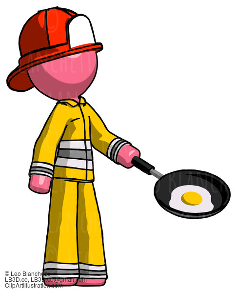 Pink Firefighter Fireman Man Frying Egg In Pan Or Wok Facing Right #12797