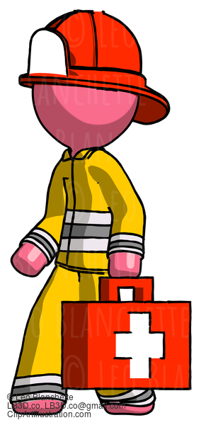 Pink Firefighter Fireman Man Walking With Medical Aid Briefcase To Left #12798