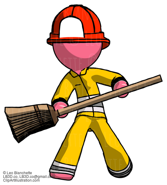 Pink Firefighter Fireman Man Broom Fighter Defense Pose #12800