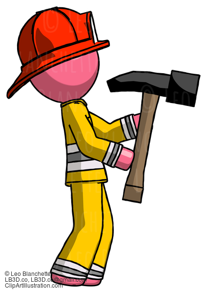 Pink Firefighter Fireman Man Hammering Something On The Right #12804