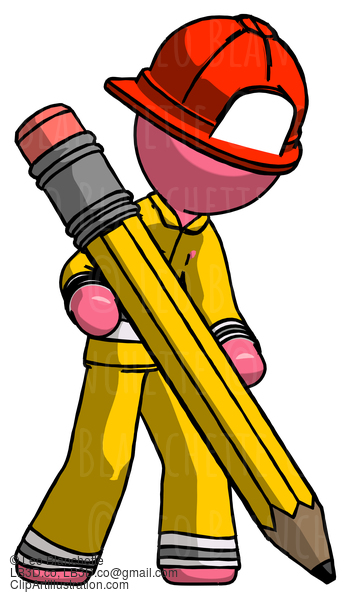 Pink Firefighter Fireman Man Writing With Large Pencil #12807