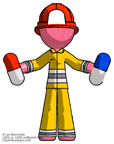 Pink Firefighter Fireman Man Holding A Red Pill And Blue Pill #12810