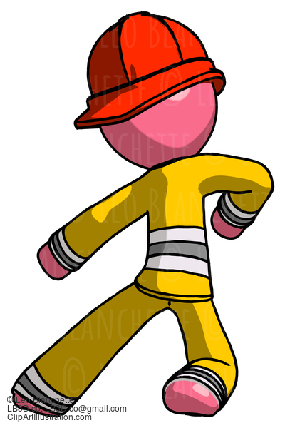 Pink Firefighter Fireman Man Karate Defense Pose Left #12811