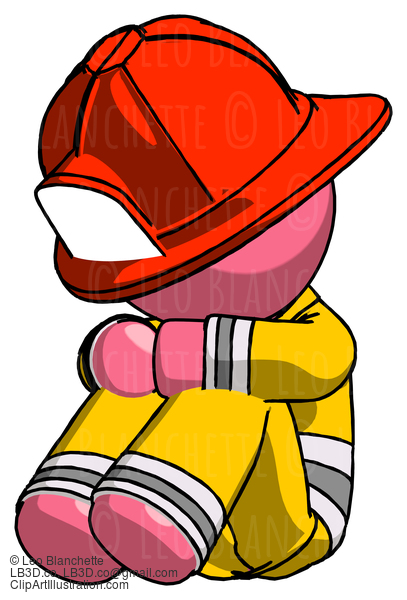 Pink Firefighter Fireman Man Sitting With Head Down Facing Angle Left #12812