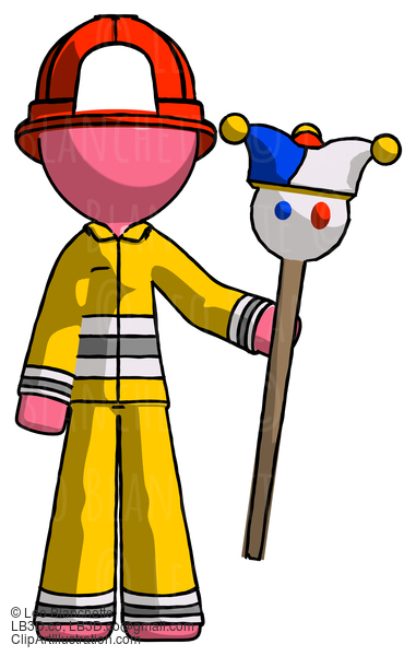 Pink Firefighter Fireman Man Holding Jester Staff #12817