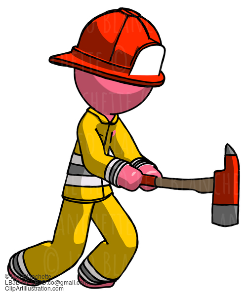 Pink Firefighter Fireman Man With Ax Hitting, Striking, Or Chopping #12825