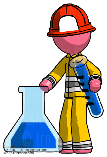 Pink Firefighter Fireman Man Holding Test Tube Beside Beaker Or Flask #12826