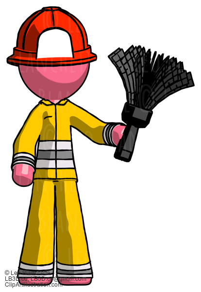 Pink Firefighter Fireman Man Holding Feather Duster Facing Forward #12827