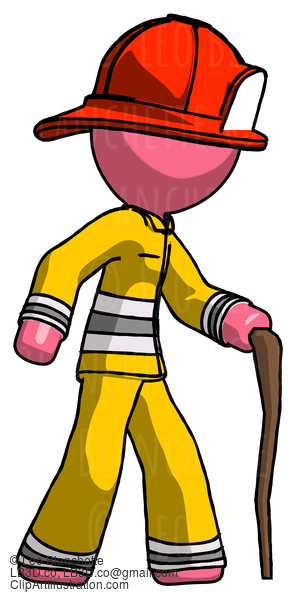 Pink Firefighter Fireman Man Walking With Hiking Stick #12829