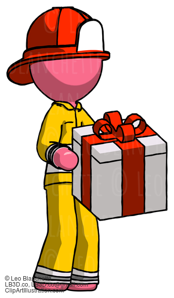 Pink Firefighter Fireman Man Giving A Present #12833