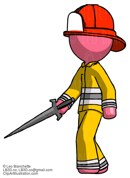 Pink Firefighter Fireman Man With Sword Walking Confidently #12834