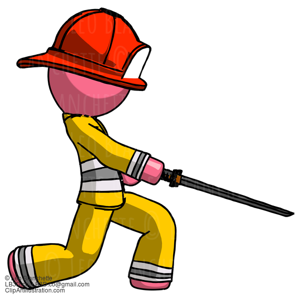 Pink Firefighter Fireman Man With Ninja Sword Katana Slicing Or Striking Something #12836