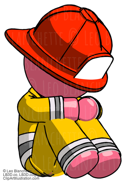 Pink Firefighter Fireman Man Sitting With Head Down Facing Angle Right #12843