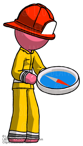 Pink Firefighter Fireman Man Looking At Large Compass Facing Right #12844