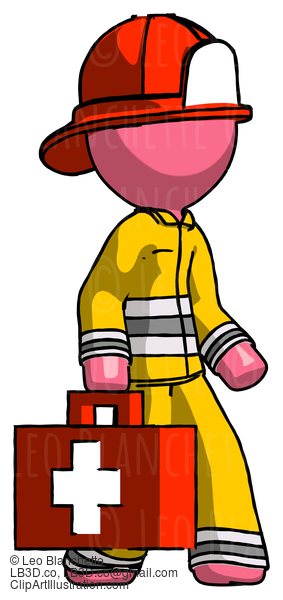 Pink Firefighter Fireman Man Walking With Medical Aid Briefcase To Right #12846