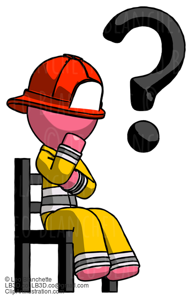 Pink Firefighter Fireman Man Question Mark Concept, Sitting On Chair Thinking #12848