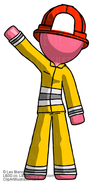 Pink Firefighter Fireman Man Waving Emphatically With Right Arm #12857