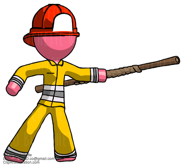 Pink Firefighter Fireman Man Bo Staff Pointing Right Kung Fu Pose #12859