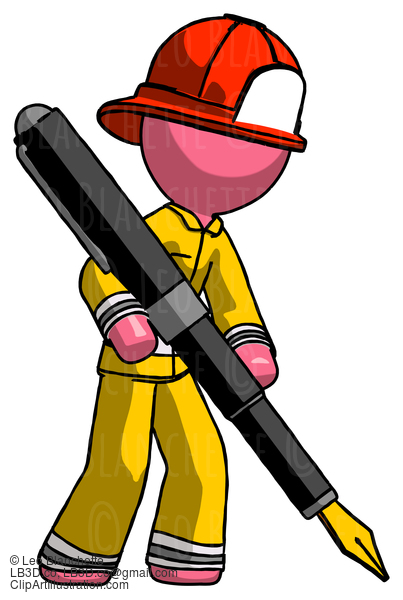 Pink Firefighter Fireman Man Drawing Or Writing With Large Calligraphy Pen #12860