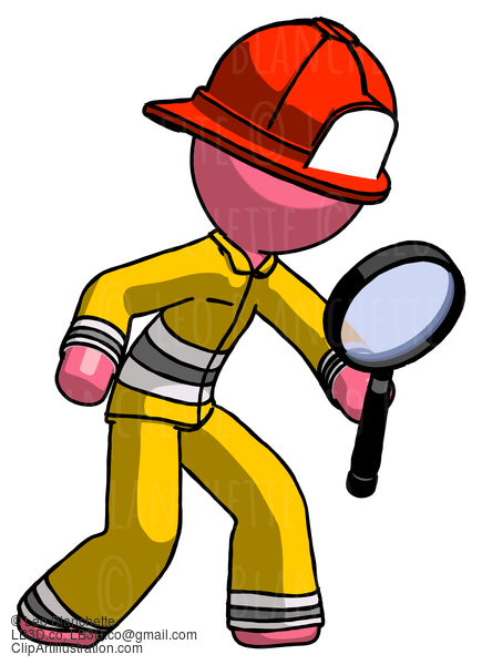 Pink Firefighter Fireman Man Inspecting With Large Magnifying Glass Right #12862