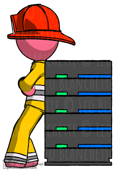 Pink Firefighter Fireman Man Resting Against Server Rack #12867