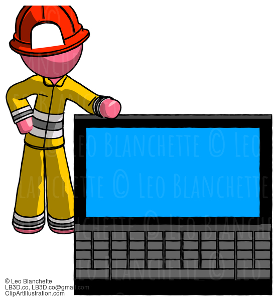 Pink Firefighter Fireman Man Beside Large Laptop Computer, Leaning Against It #12870