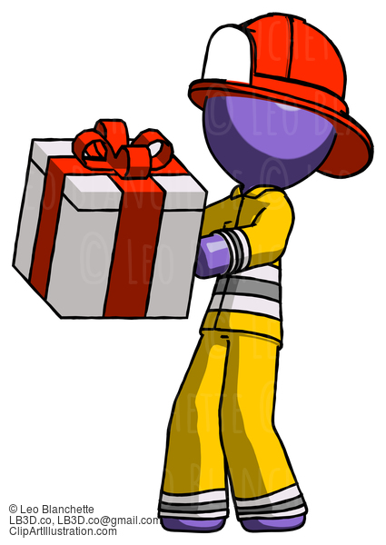 Purple Firefighter Fireman Man Presenting A Present With Large Red Bow On It #13790