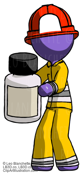 Purple Firefighter Fireman Man Holding White Medicine Bottle #13795