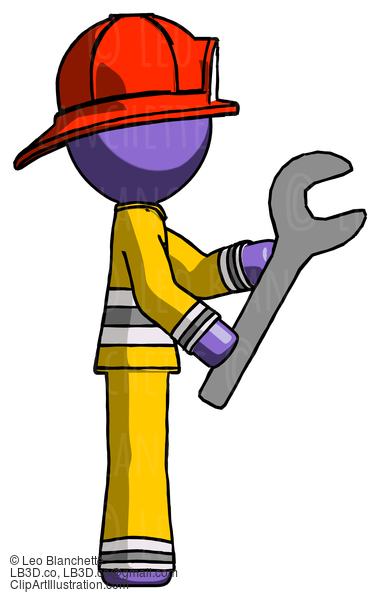 Purple Firefighter Fireman Man Using Wrench Adjusting Something To Right #13798