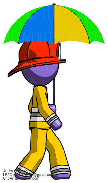 Purple Firefighter Fireman Man Walking With Colored Umbrella #13804