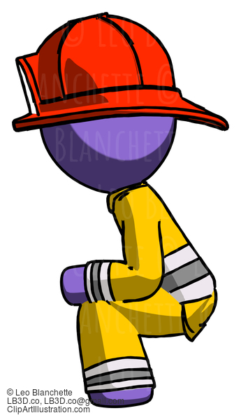 Purple Firefighter Fireman Man Squatting Facing Left #13812