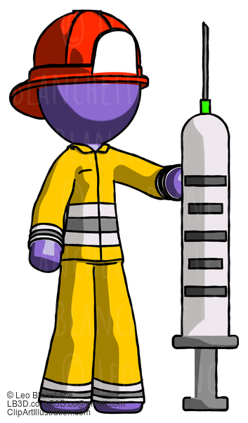 Purple Firefighter Fireman Man Holding Large Syringe #13816