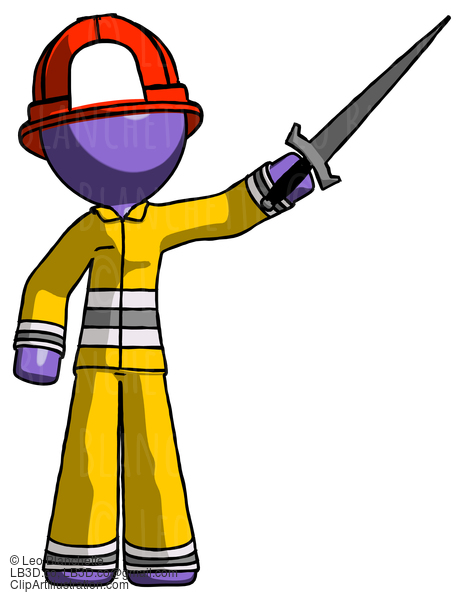 Purple Firefighter Fireman Man Holding Sword In The Air Victoriously #13818