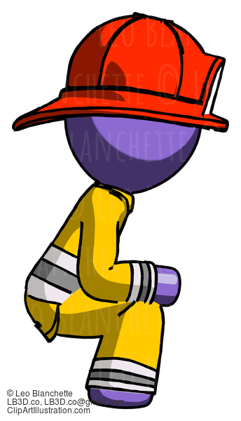 Purple Firefighter Fireman Man Squatting Facing Right #13821