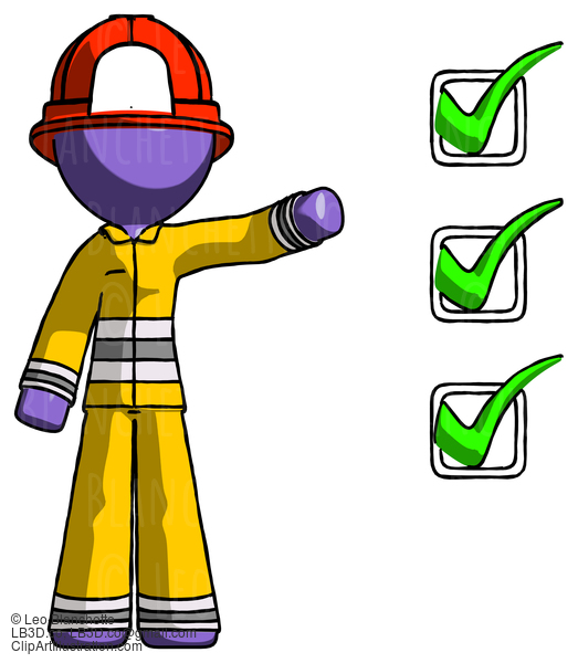 Purple Firefighter Fireman Man Standing By List Of Checkmarks #13825