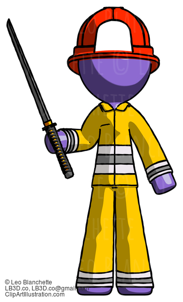 Purple Firefighter Fireman Man Standing Up With Ninja Sword Katana #13826