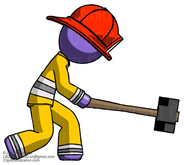 Purple Firefighter Fireman Man Hitting With Sledgehammer, Or Smashing Something #13827