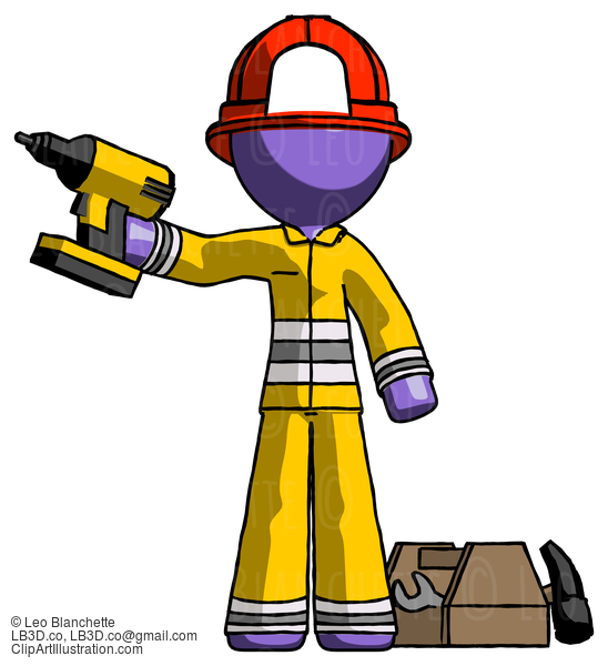 Purple Firefighter Fireman Man Holding Drill Ready To Work, Toolchest And Tools To Right #13829